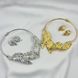 Conjunto Brinco Com Colar De Aro Com Folhas Texturizadas