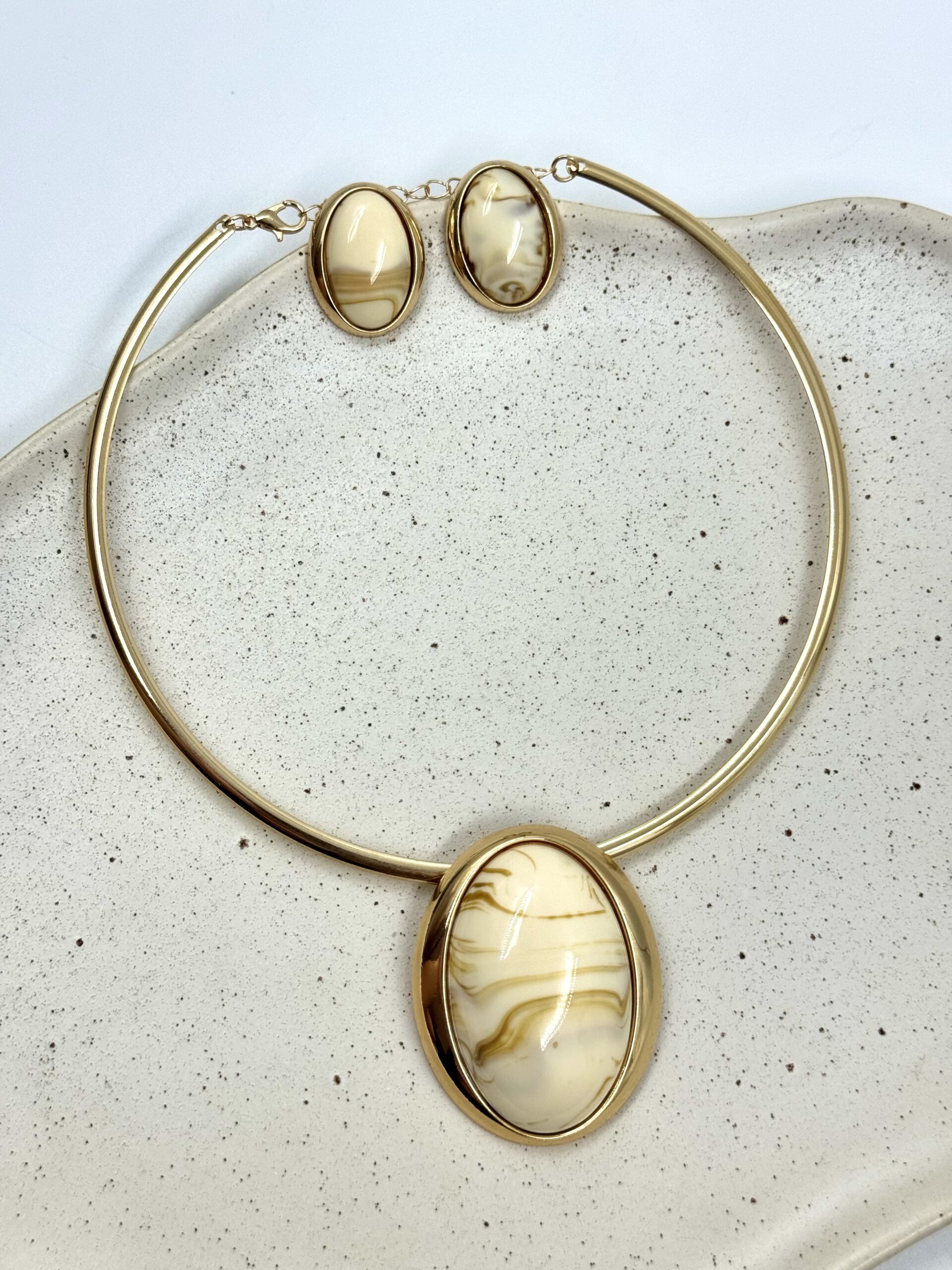 Conjunto Aro Liso Com Pingente Oval Marmorizado